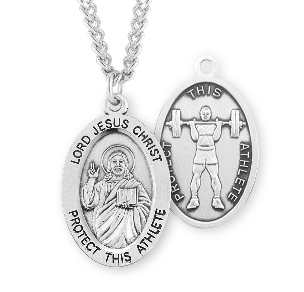 Lord Jesus Christ Oval Sterling Silver weightlifting Male Athlete Medal Pendant with Chain | .925 Silver