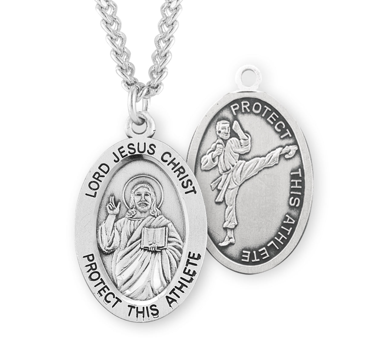 Lord Jesus Christ Oval Sterling Silver Martial Arts Male Athlete Medal Pendant with Chain | .925 Silver