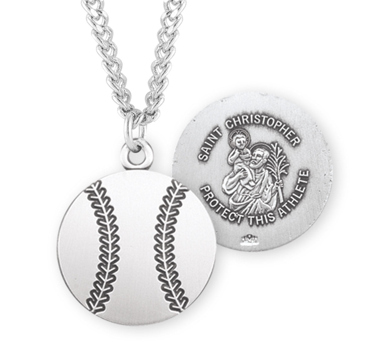 Saint Christopher Oval Sterling Silver Baseball Athlete Medal Pendant with Chain | .925 Silver
