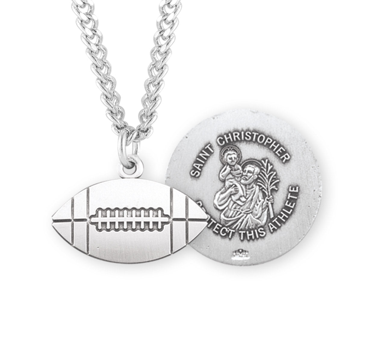 Saint Christopher Sterling Silver Football Athlete Medal Pendant with Chain | .925 Silver