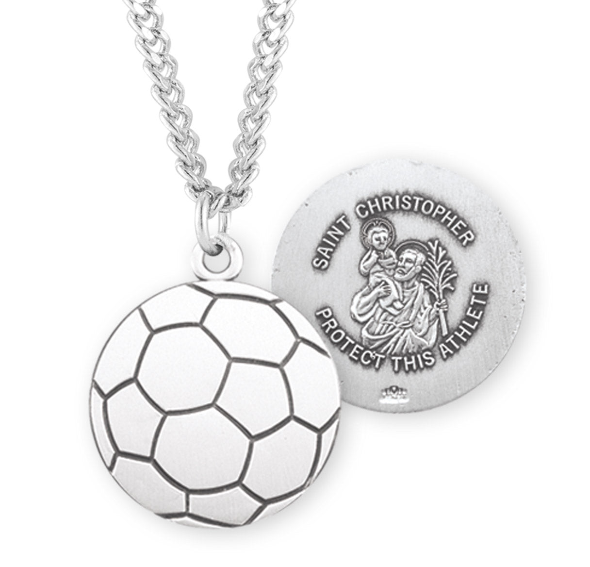 Saint Christopher Sterling Silver Soccer Athlete Medal Pendant with Chain | .925 Silver