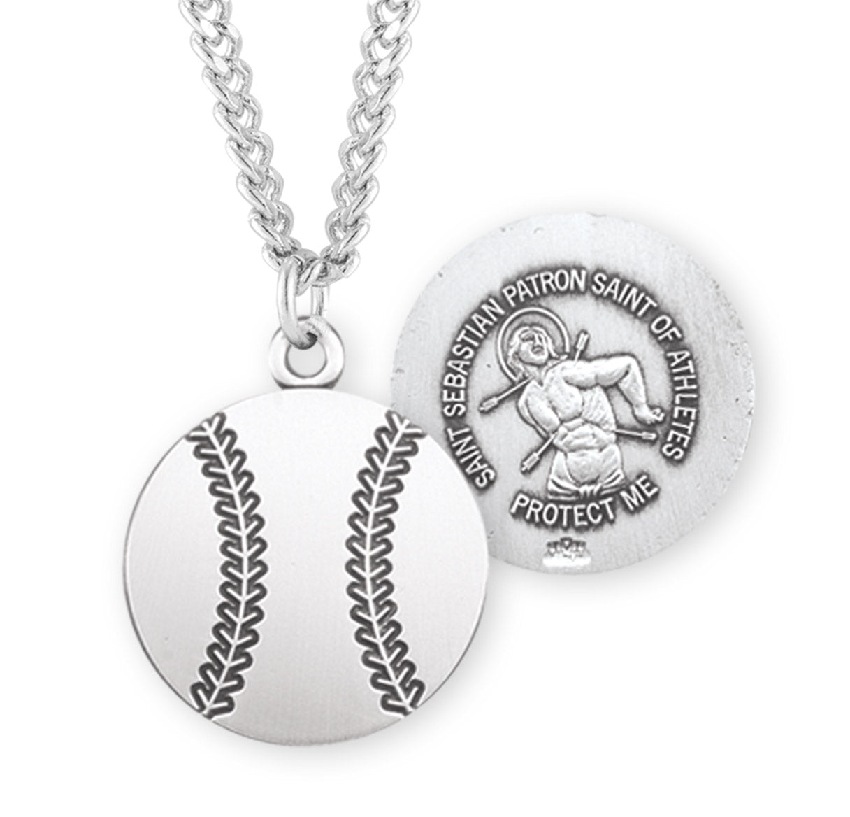 Saint Sebastian Sterling Silver Baseball Athlete Medal Pendant with Chain | .925 Silver