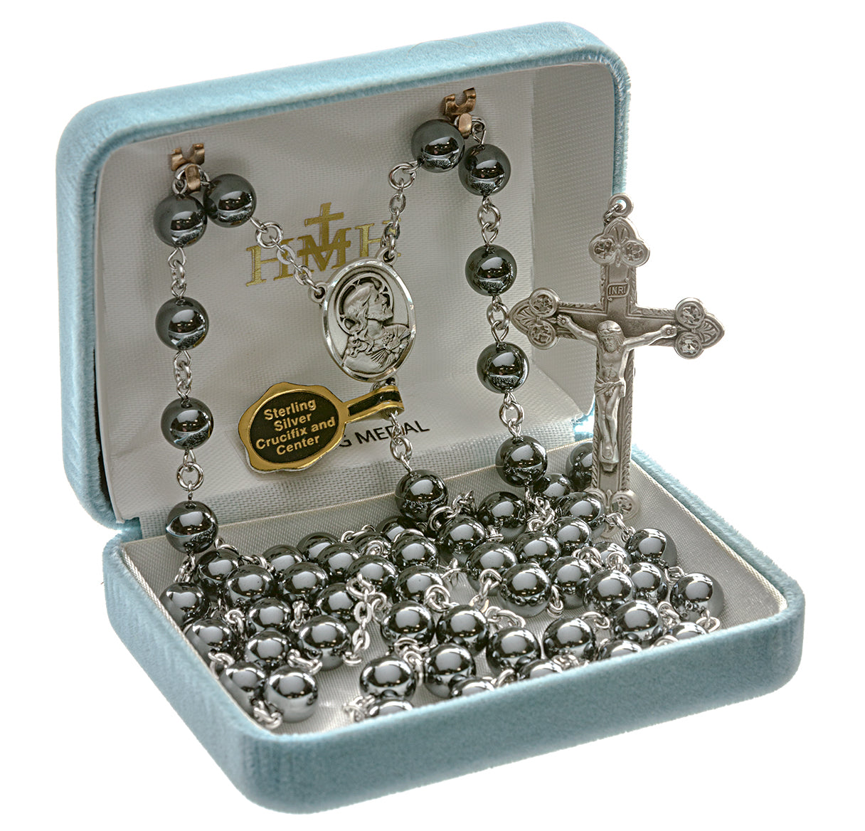 8mm Round Genuine Hermite Beads with Sacred Heart Center Crucifix Necklace | Catholic Jewelry