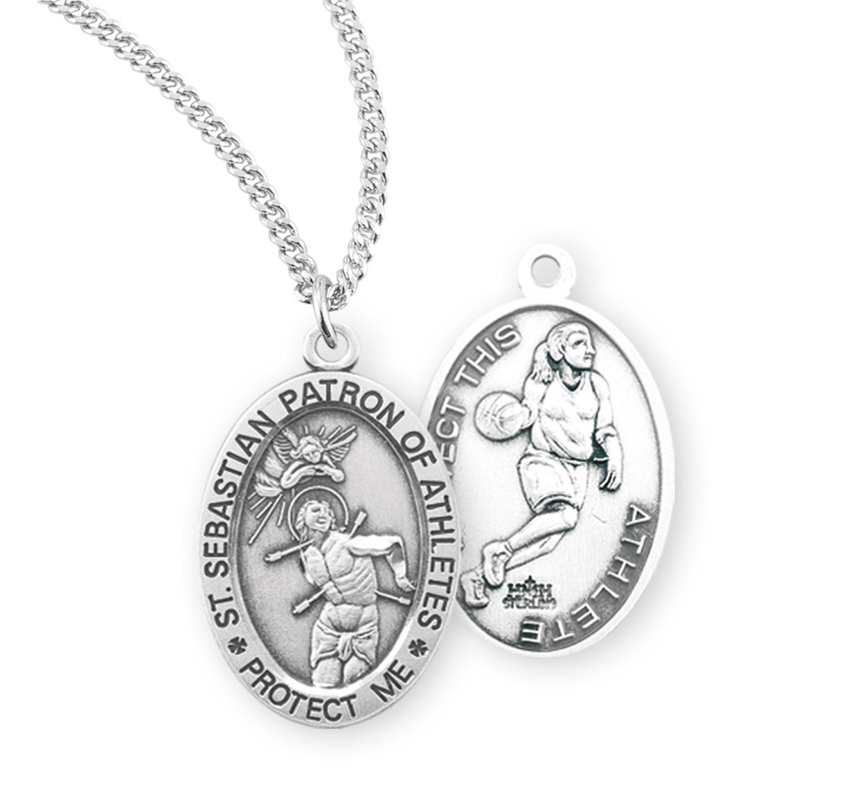 Saint Sebastian Oval Sterling Silver Female Basketball Athlete Medal Pendant with Chain | .925 Silver
