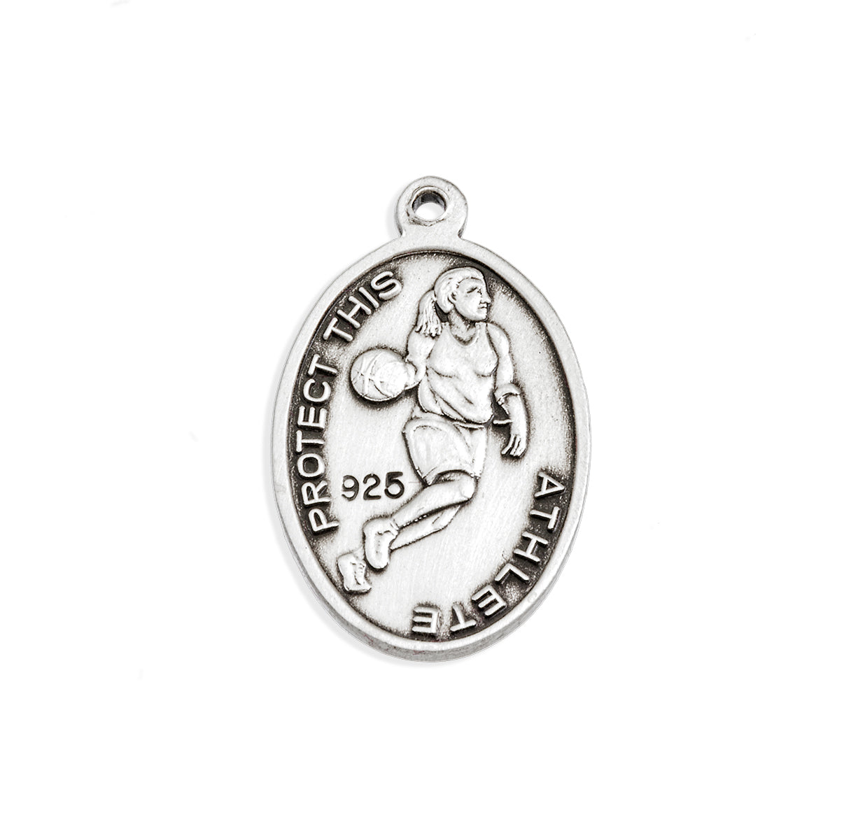 Saint Sebastian Oval Sterling Silver Female Basketball Athlete Medal Pendant with Chain | .925 Silver