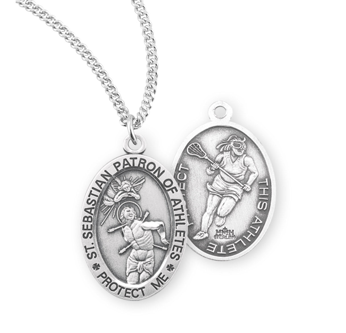 Saint Sebastian Oval Sterling Silver Female Swimming Athlete Medal Pendant with Chain | .925 Silver