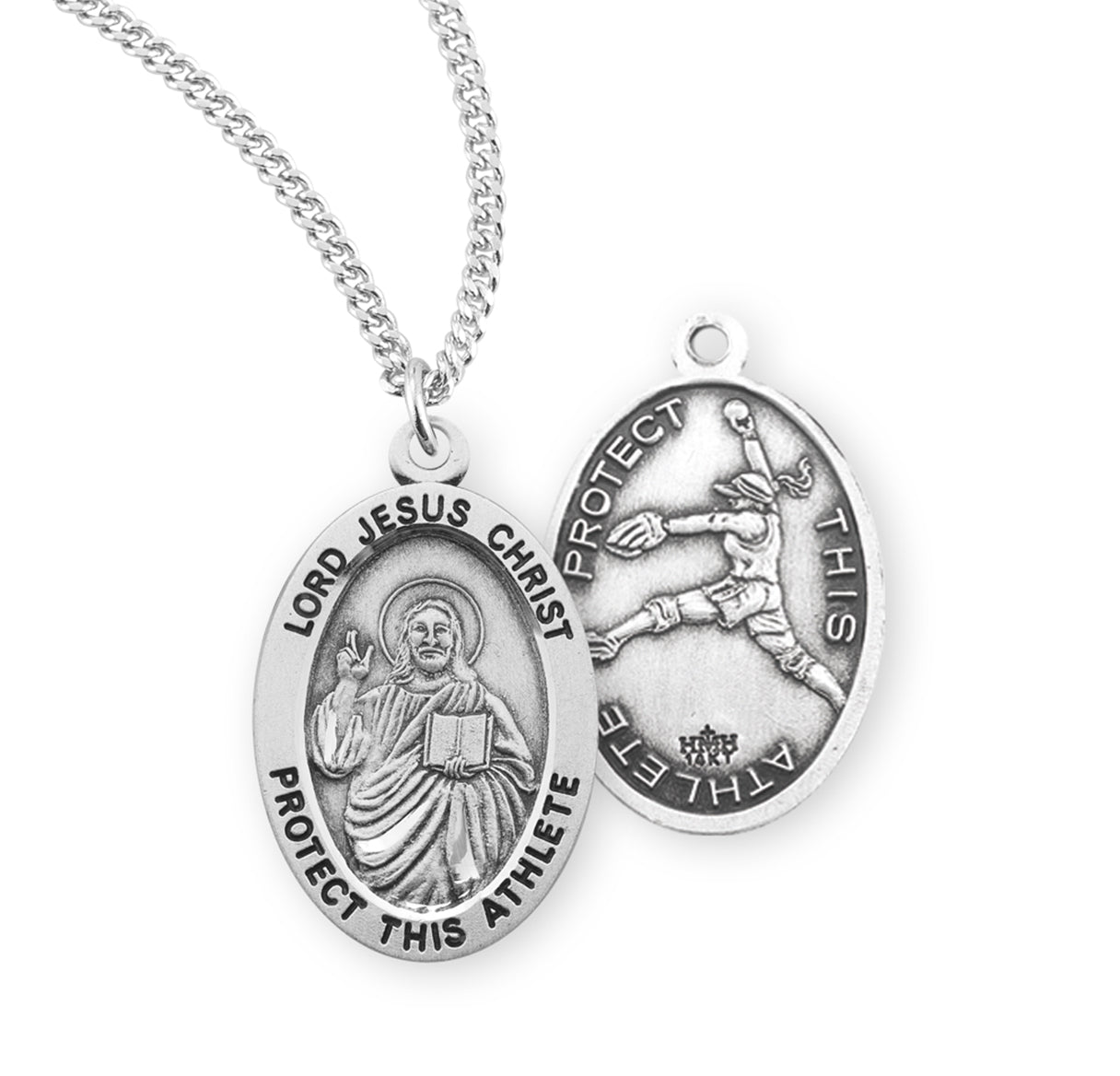 Lord Jesus Christ Oval Sterling Silver Female Softball Athlete Medal Pendant with Chain | .925 Silver