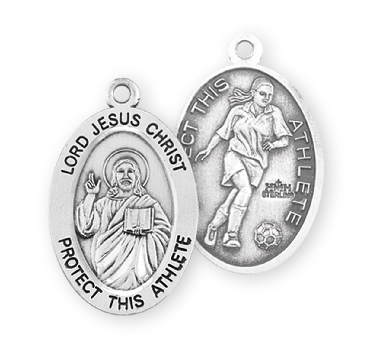 Lord Jesus Christ Oval Sterling Silver Female Soccer Athlete Medal Pendant with Chain | .925 Silver