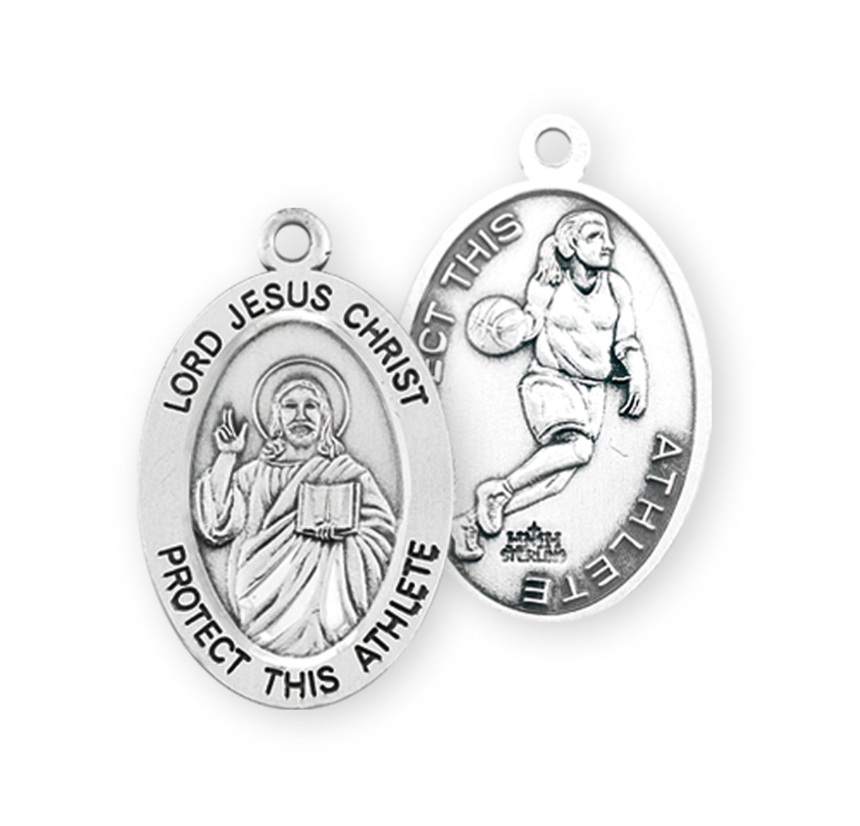 Lord Jesus Christ Oval Sterling Silver Female Basketball Athlete Medal Pendant with Chain | .925 Silver