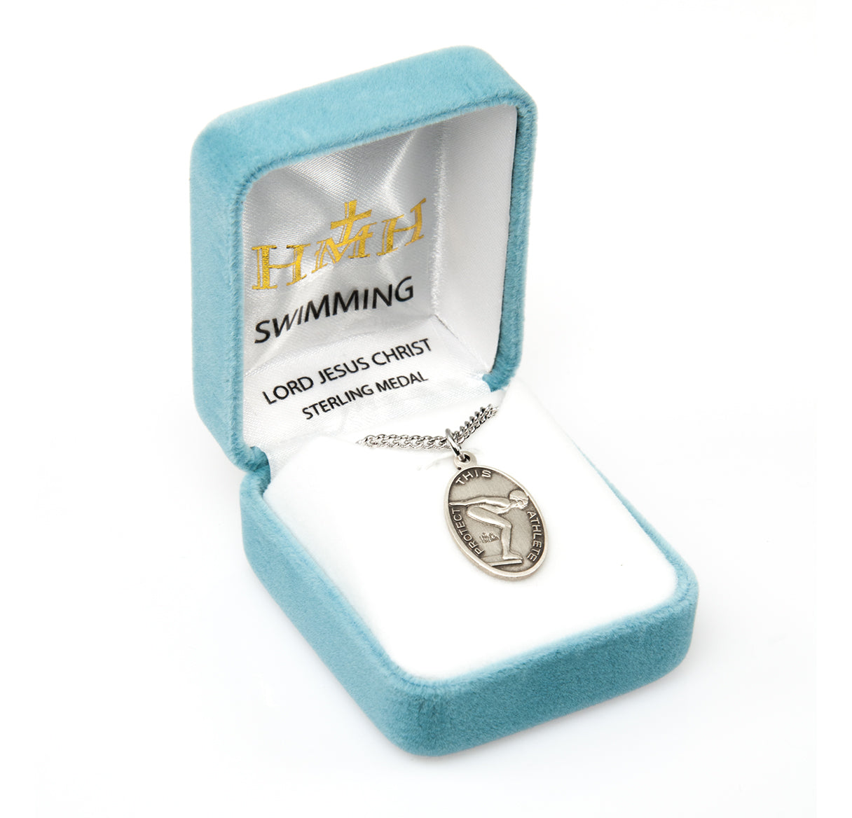 Lord Jesus Christ Oval Sterling Silver Female Swimming Athlete Medal Pendant with Chain | .925 Silver