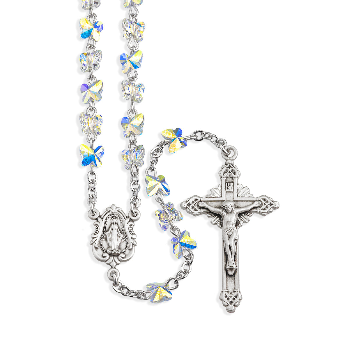 Sterling Silver Rosary Handmade with 6mm finest Austrian Crystal 6mm Aurora Borealis Butterfly Beads by HMH | .925 Silver