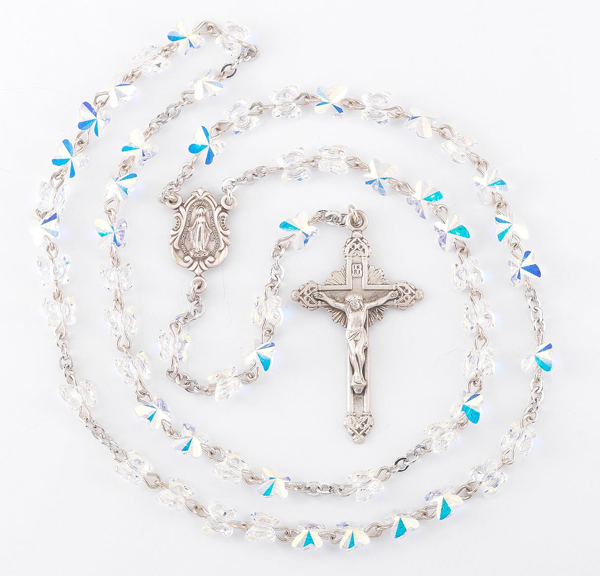 Sterling Silver Rosary Handmade with 6mm finest Austrian Crystal 6mm Aurora Borealis Butterfly Beads by HMH | .925 Silver