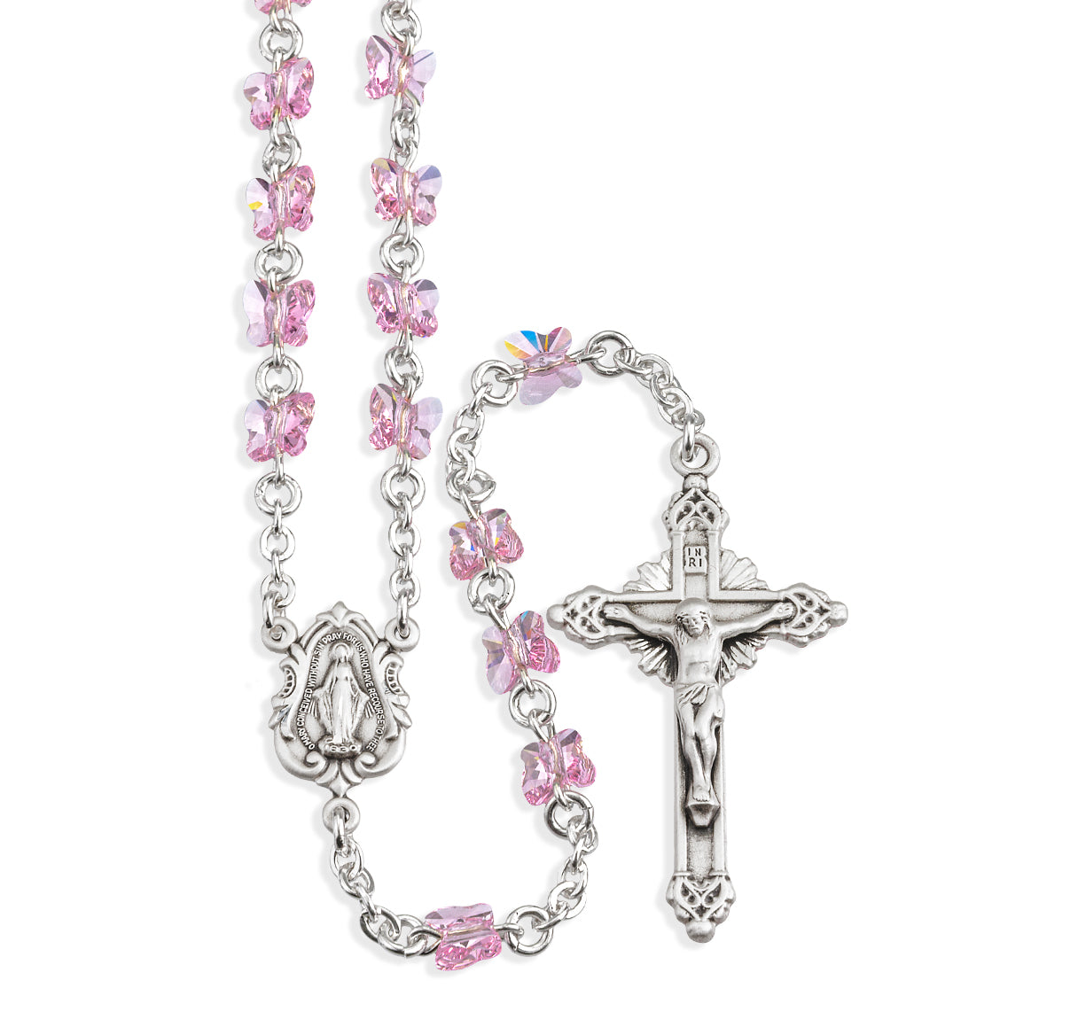 Sterling Silver Rosary Handmade with 6mm finest Austrian Crystal 6mm Light Rose Butterfly Beads by HMH | .925 Silver
