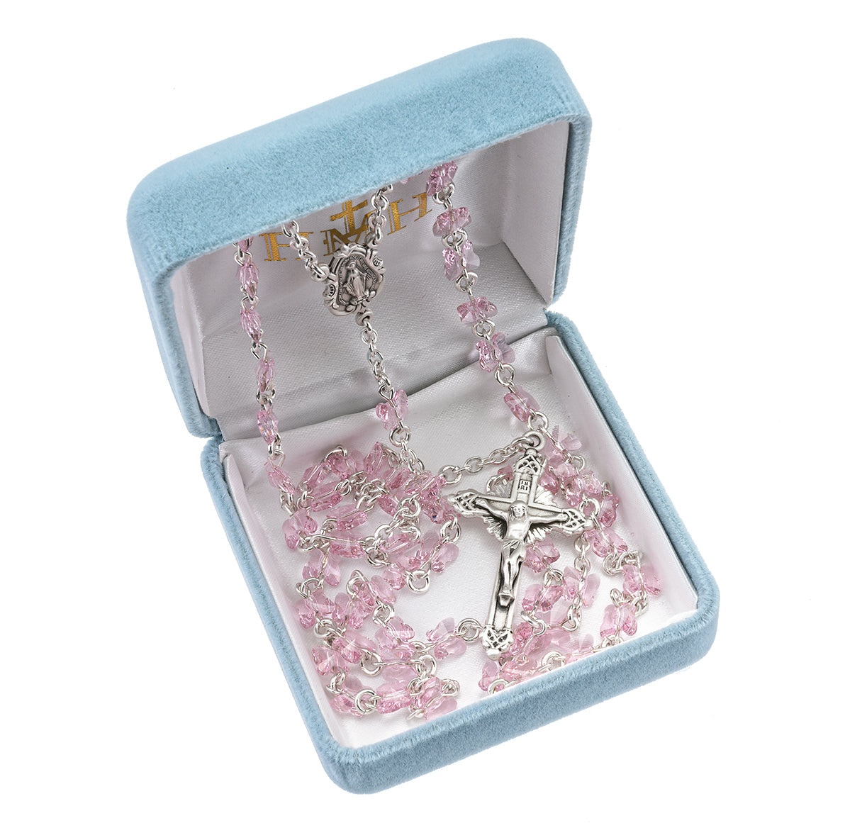 Sterling Silver Rosary Handmade with 6mm finest Austrian Crystal 6mm Light Rose Butterfly Beads by HMH | .925 Silver
