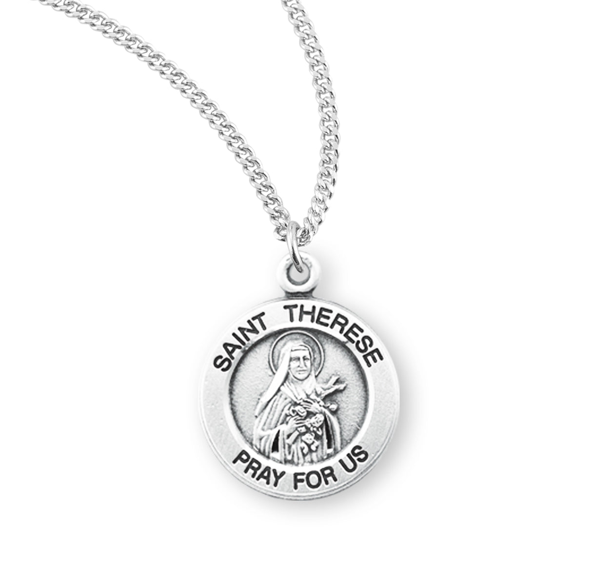 Patron Saint Therese of Lisieux Round Sterling Silver Medal Pendant with Chain | .925 Silver