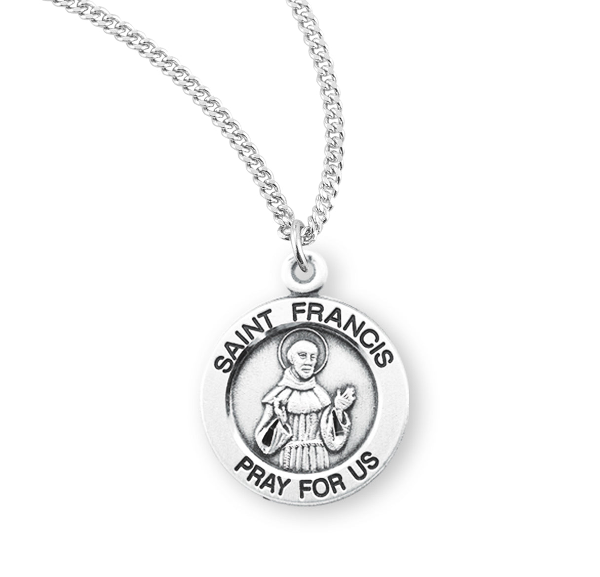Patron Saint Francis of Assisi Round Sterling Silver Medal Pendant with Chain | .925 Silver