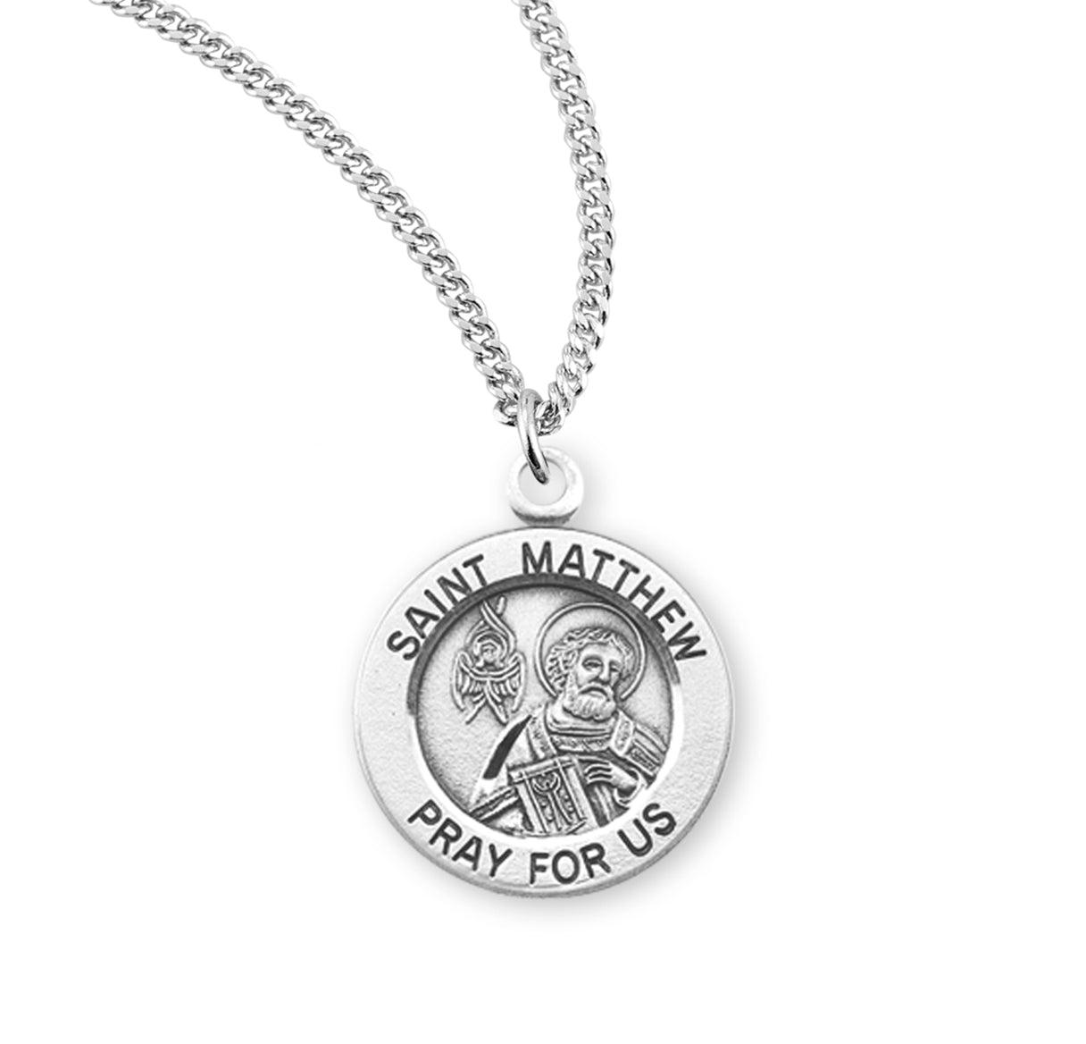 Patron Saint Matthew Round Sterling Silver Medal Pendant with Chain | .925 Silver
