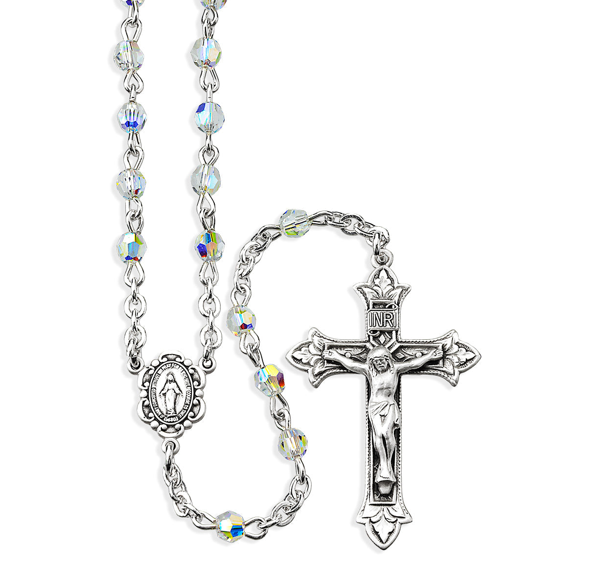 Sterling Silver Rosary Handmade with finest Austrian Crystal 4mm Aurora Borealis Faceted Beads by HMH | .925 Silver