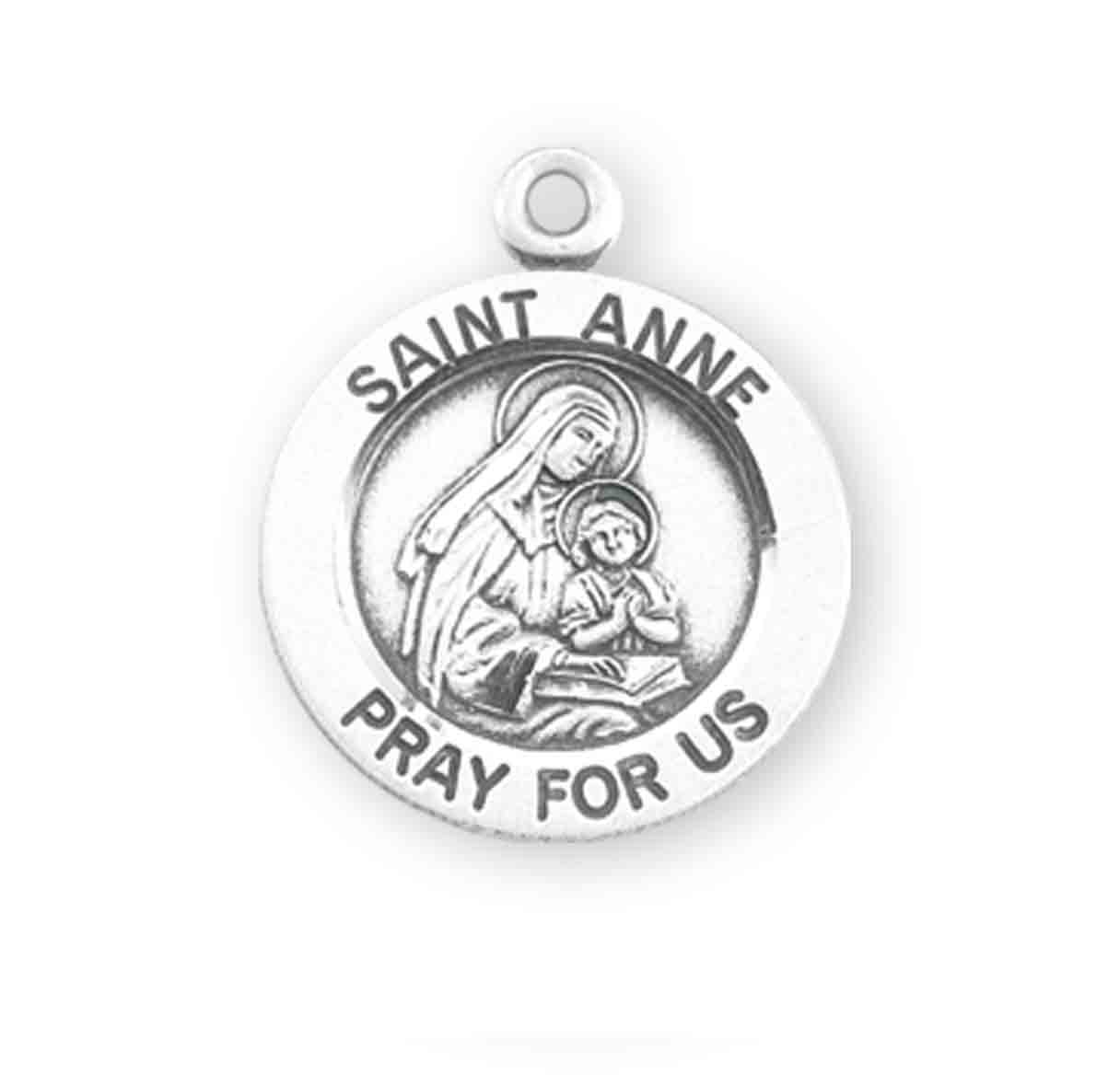 Patron Saint Anne Round Sterling Silver Medal Pendant with Chain | .925 Silver