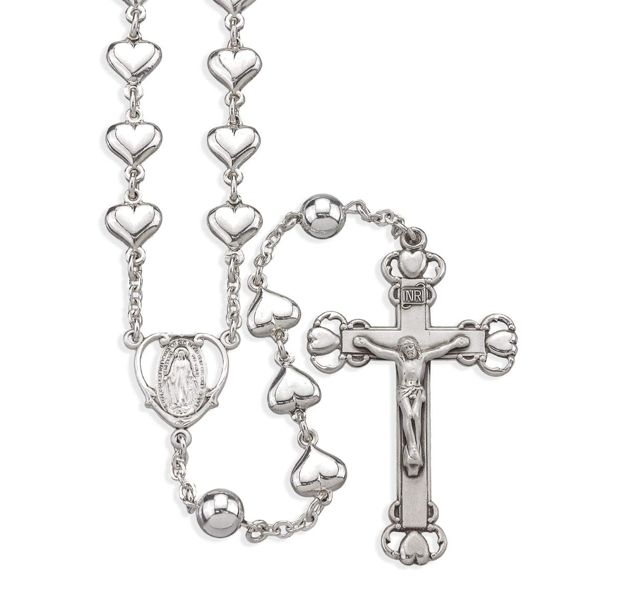 Sterling Silver Solid Heart Shape Rosary with 8mm Round Sterling Silver Bead Rosary | .925 Silver