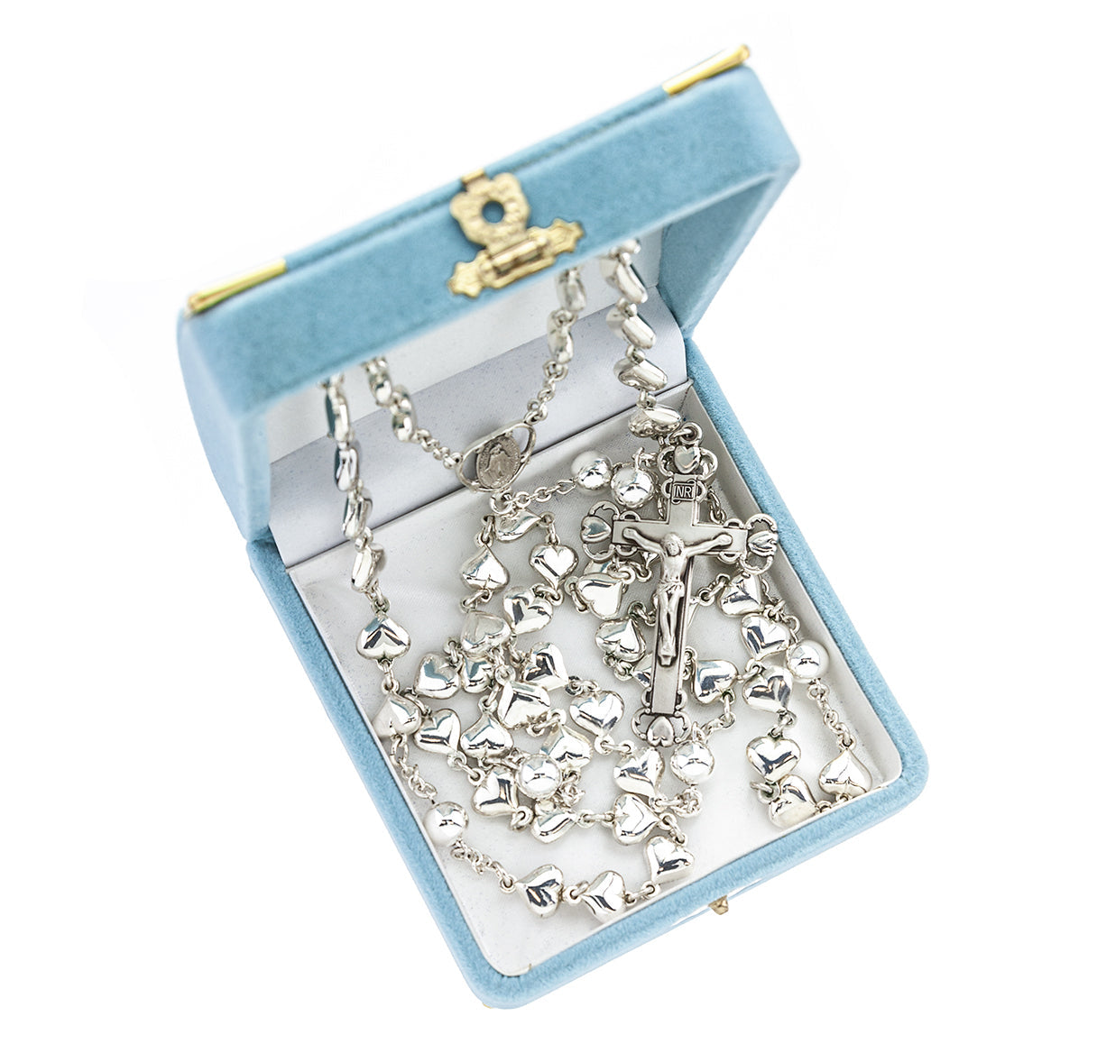 Sterling Silver Solid Heart Shape Rosary with 8mm Round Sterling Silver Bead Rosary | .925 Silver