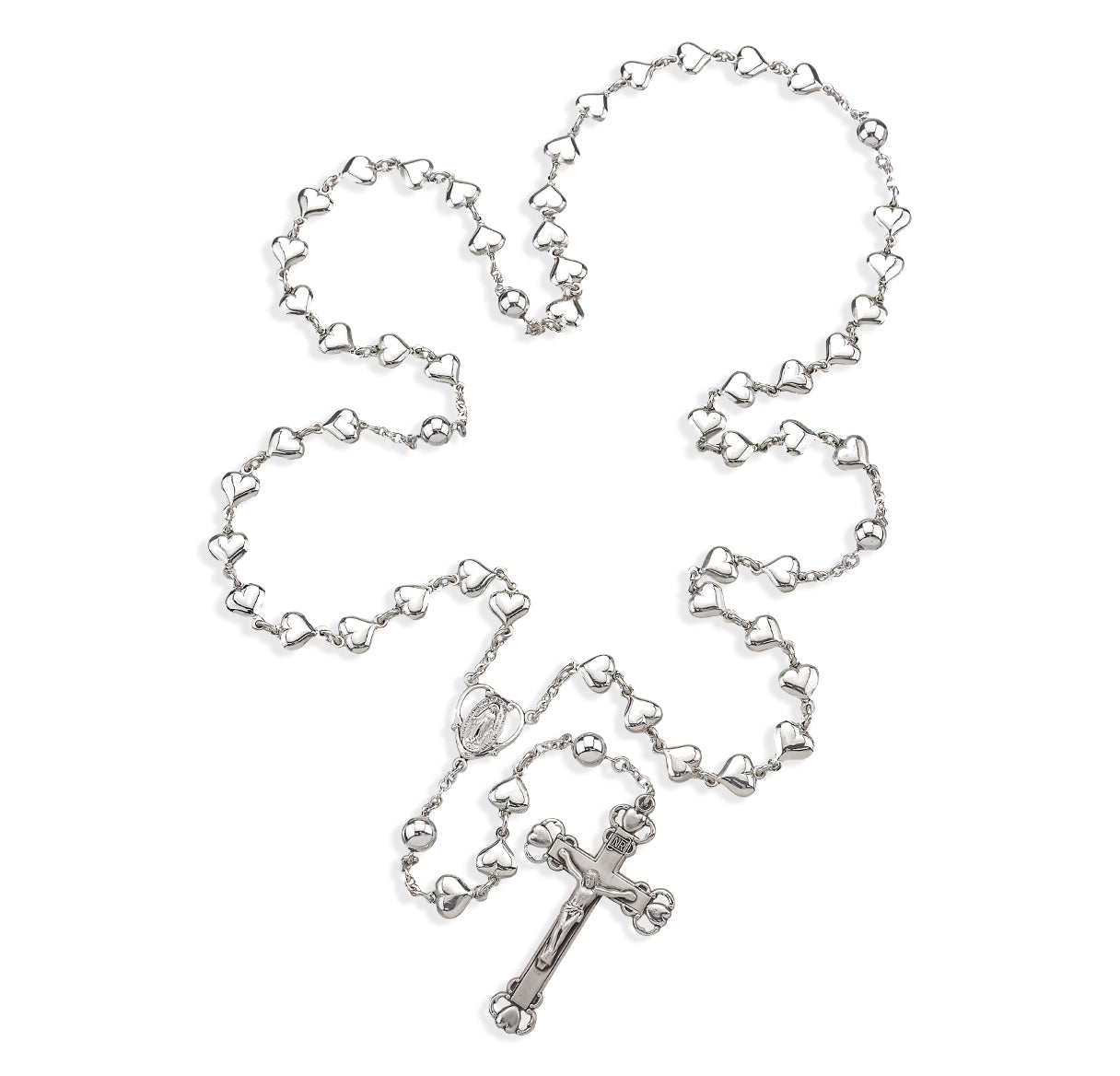 Sterling Silver Solid Heart Shape Rosary with 8mm Round Sterling Silver Bead Rosary | .925 Silver