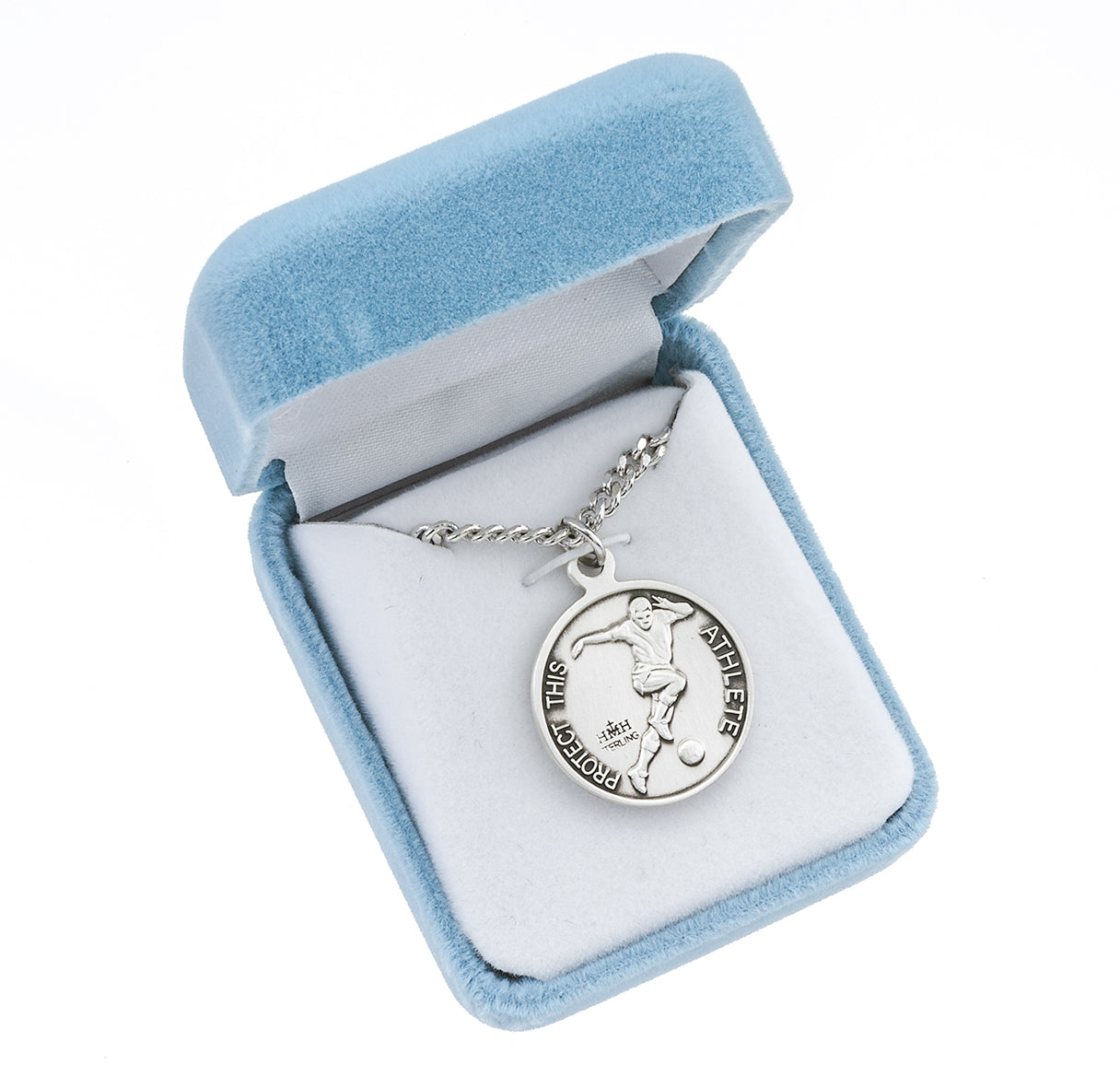 Saint Christopher Round Sterling Silver Soccer Male Athlete Medal Pendant with Chain | .925 Silver
