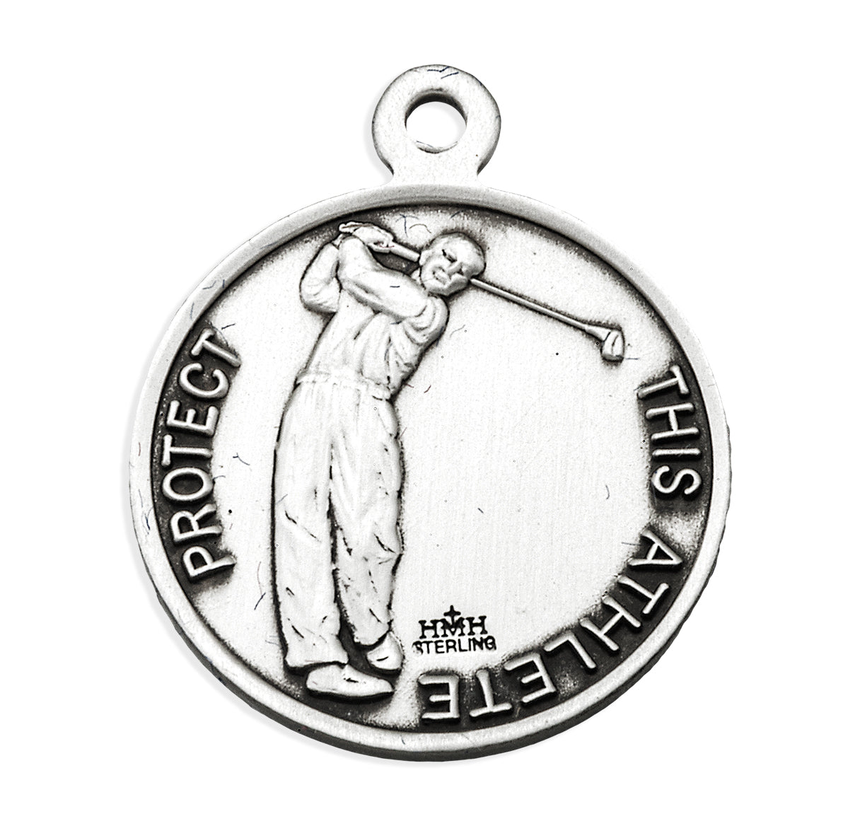 Saint Christopher Round Sterling Silver Golf Male Athlete Medal Pendant with Chain | .925 Silver