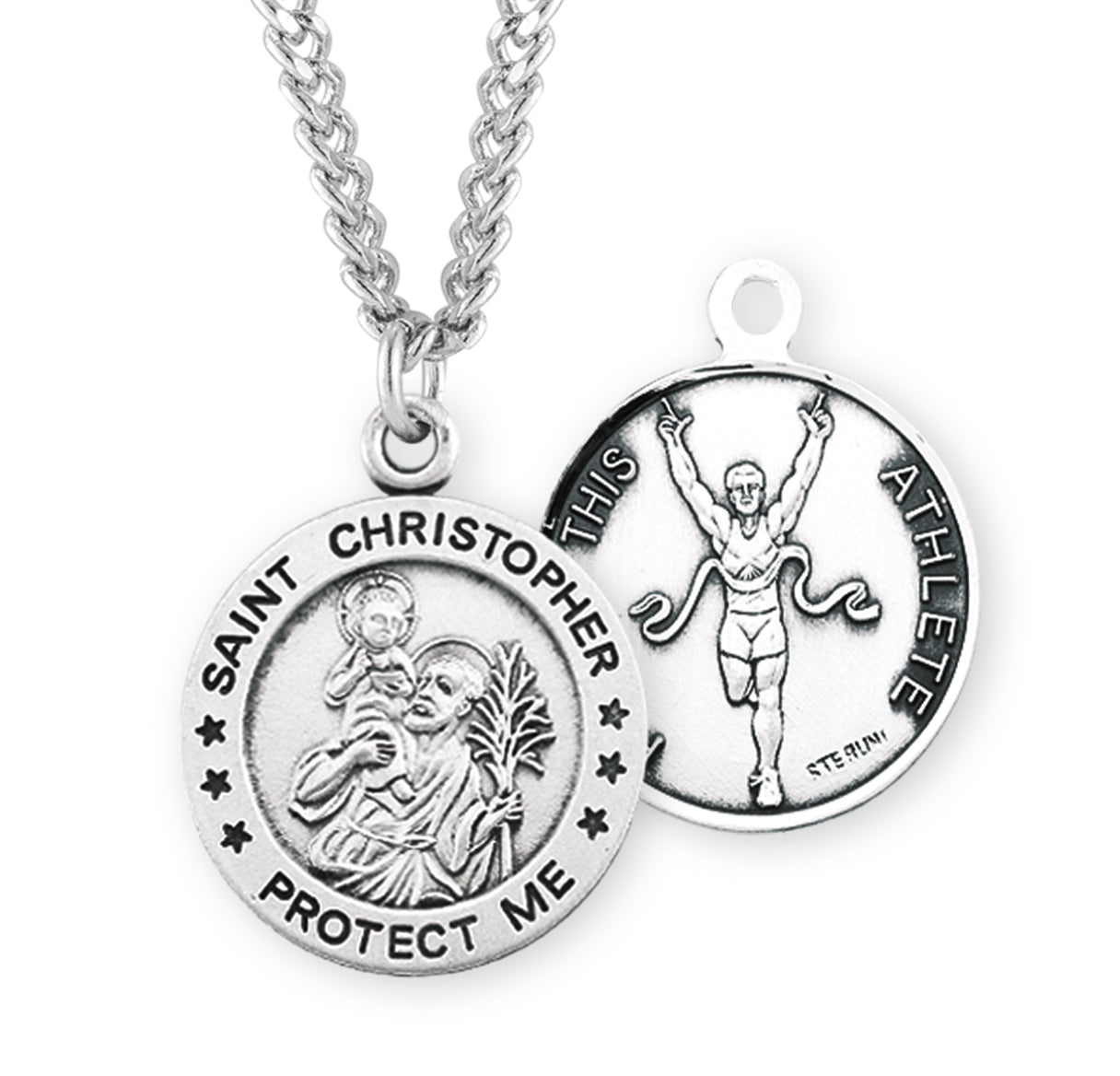 Saint Christopher Round Sterling Silver Track Male Athlete Medal Pendant with Chain | .925 Silver