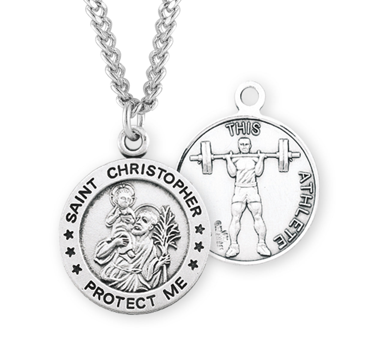 Saint Christopher Round Sterling Silver weightlifting Male Athlete Medal Pendant with Chain | .925 Silver