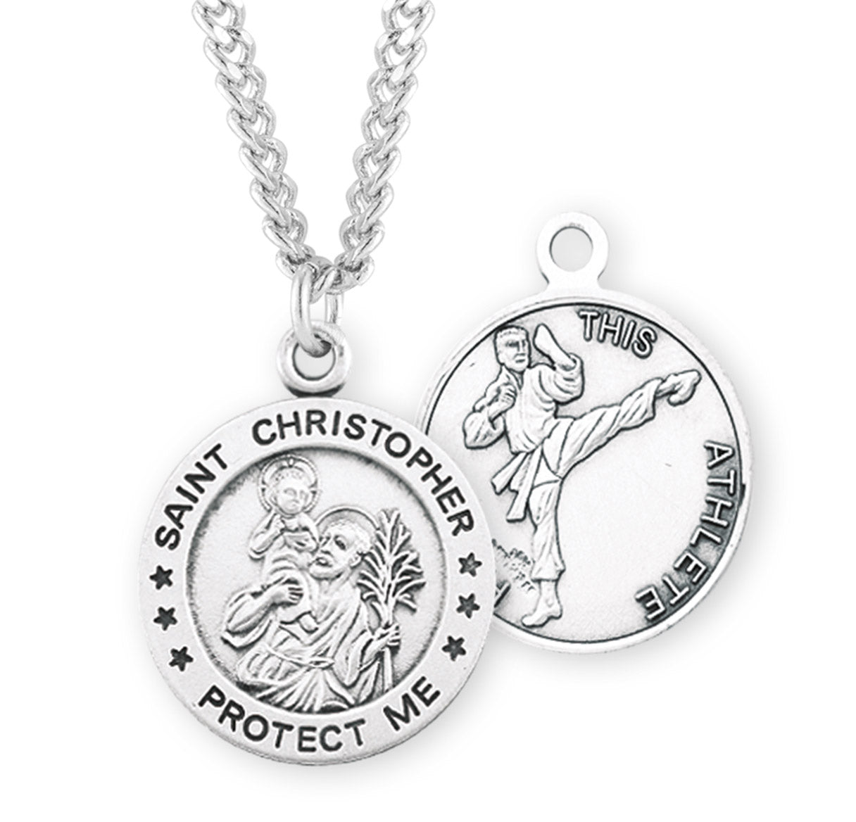 Saint Christopher Round Sterling Silver Martial Arts Male Athlete Medal Pendant with Chain | .925 Silver