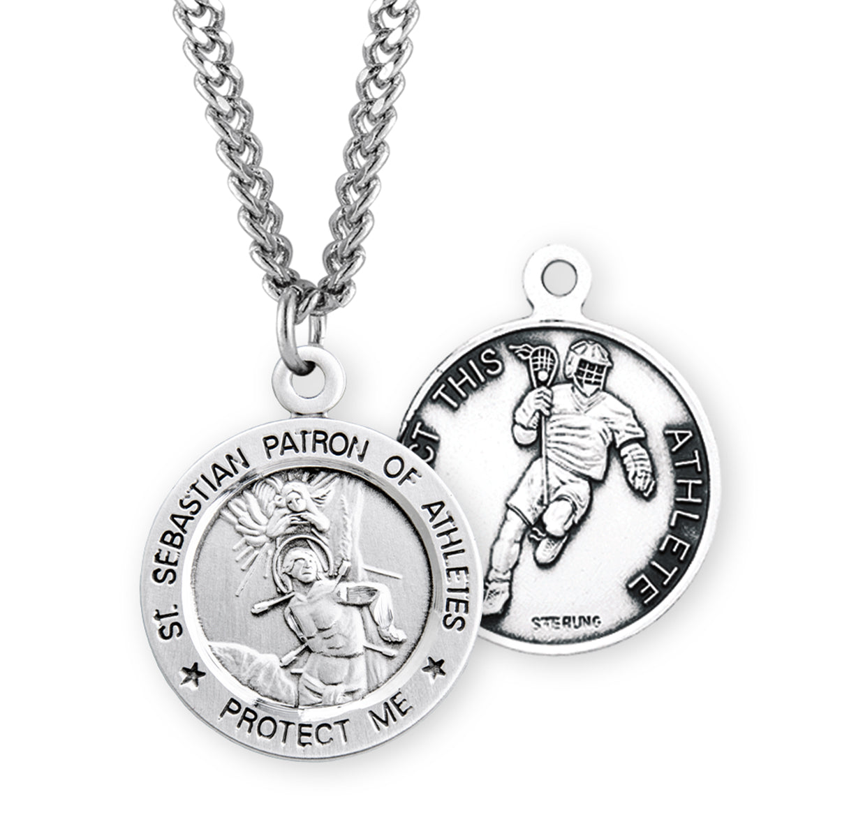 Saint Sebastian Round Lacrosse Male Athlete Medal Pendant with Chain | Catholic Jewelry