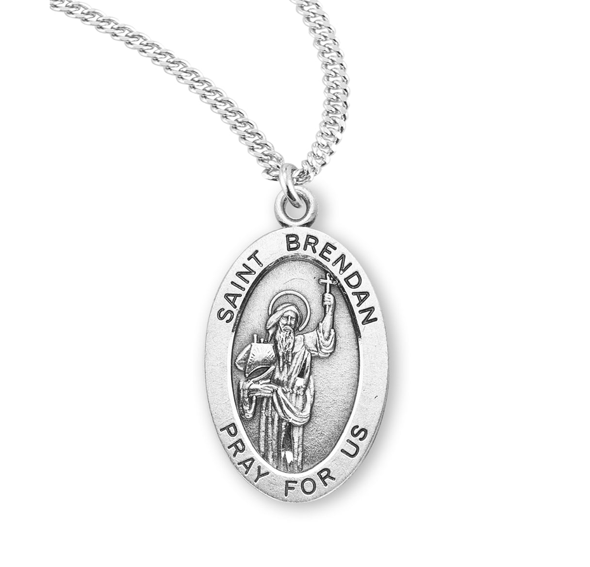 Patron Saint Brendan Oval Sterling Silver Medal Pendant with Chain | .925 Silver