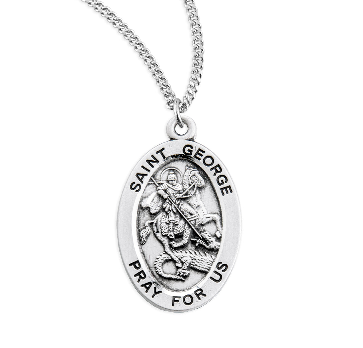 Patron Saint George Oval Sterling Silver Medal Pendant with Chain | .925 Silver