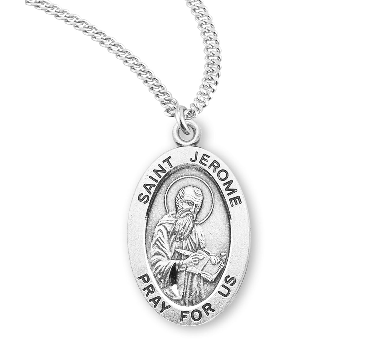Patron Saint Jerome Oval Sterling Silver Medal Pendant with Chain | .925 Silver