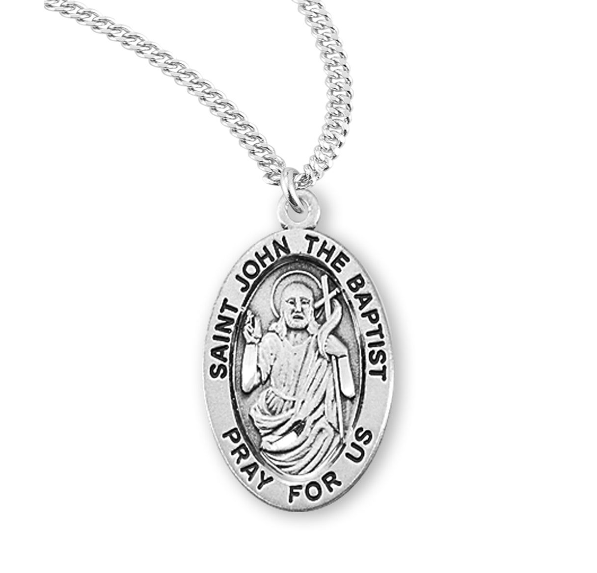 Patron Saint John the Baptist Oval Sterling Silver Medal Pendant with Chain | .925 Silver