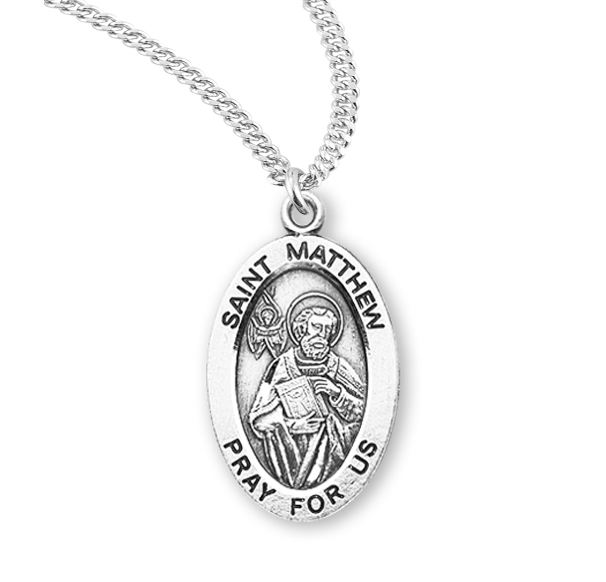 Patron Saint Matthew Oval Sterling Silver Medal Pendant with Chain | .925 Silver
