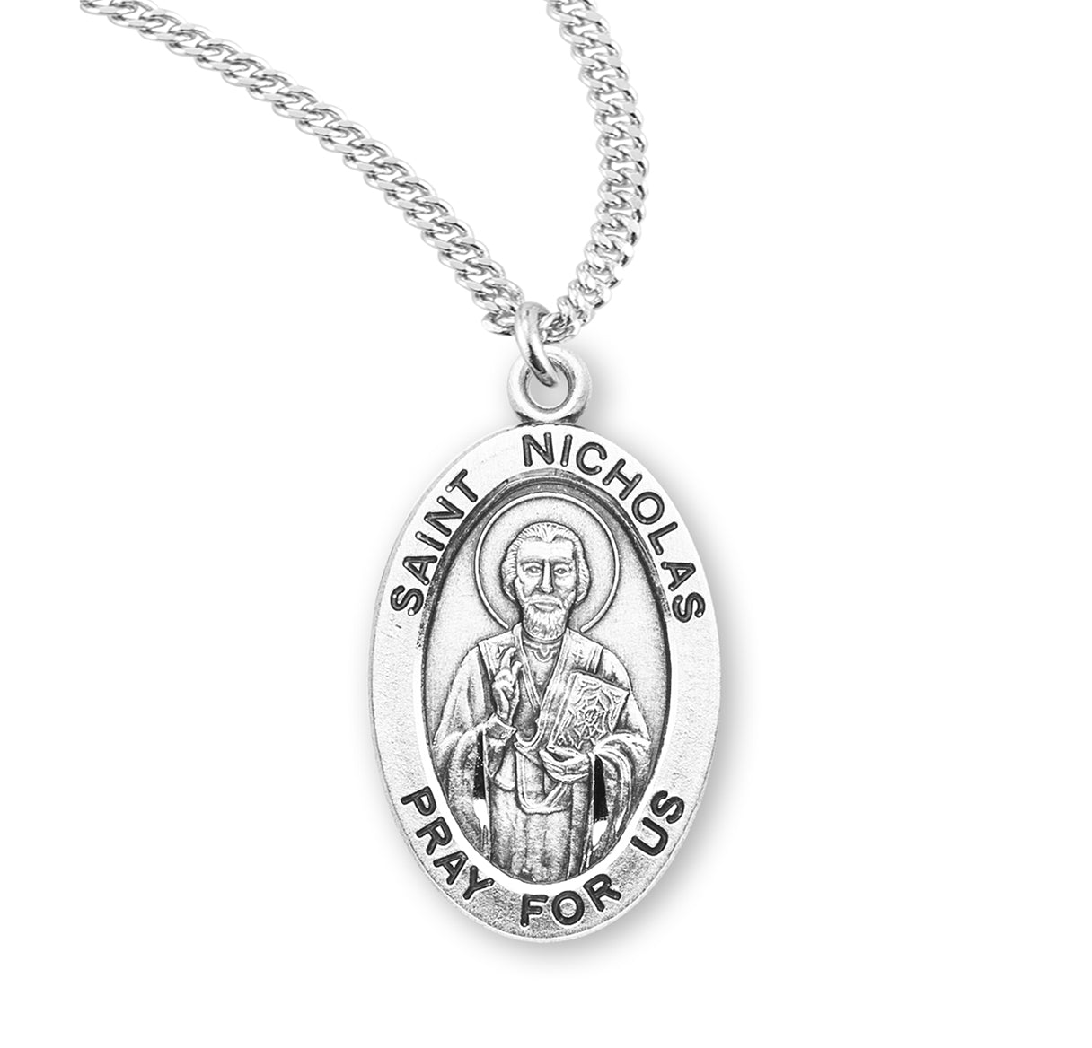 Patron Saint Nicholas Oval Sterling Silver Medal Pendant with Chain | .925 Silver