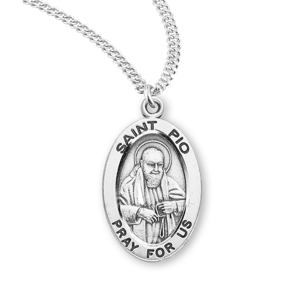 Patron Saint Pio Oval Sterling Silver Medal Pendant with Chain | .925 Silver