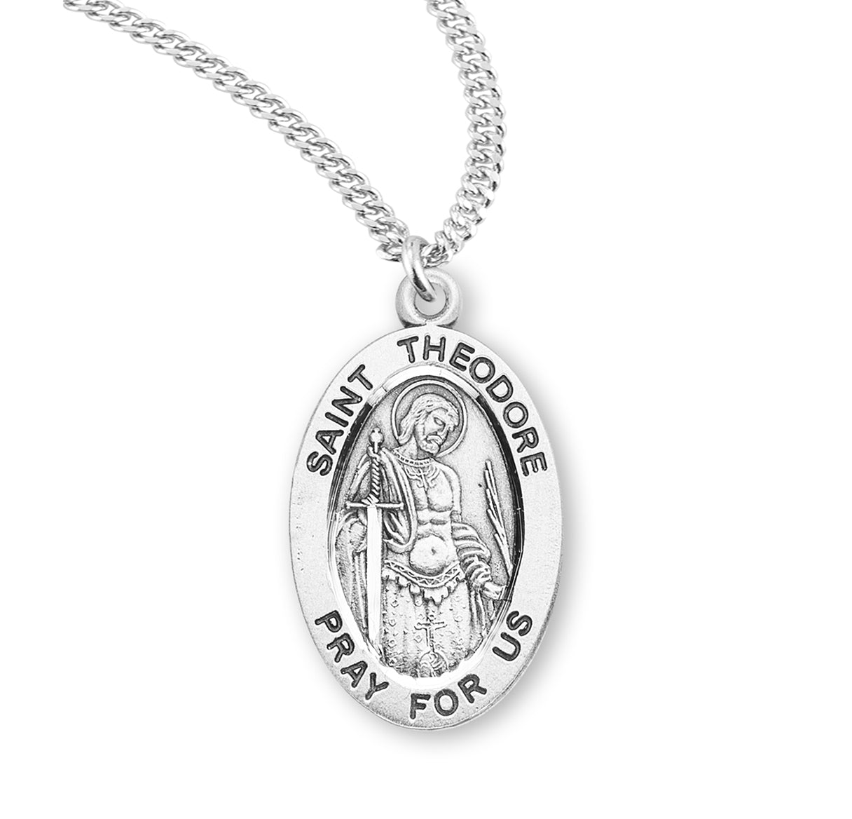 Patron Saint Theodore Oval Sterling Silver Medal Pendant with Chain | .925 Silver
