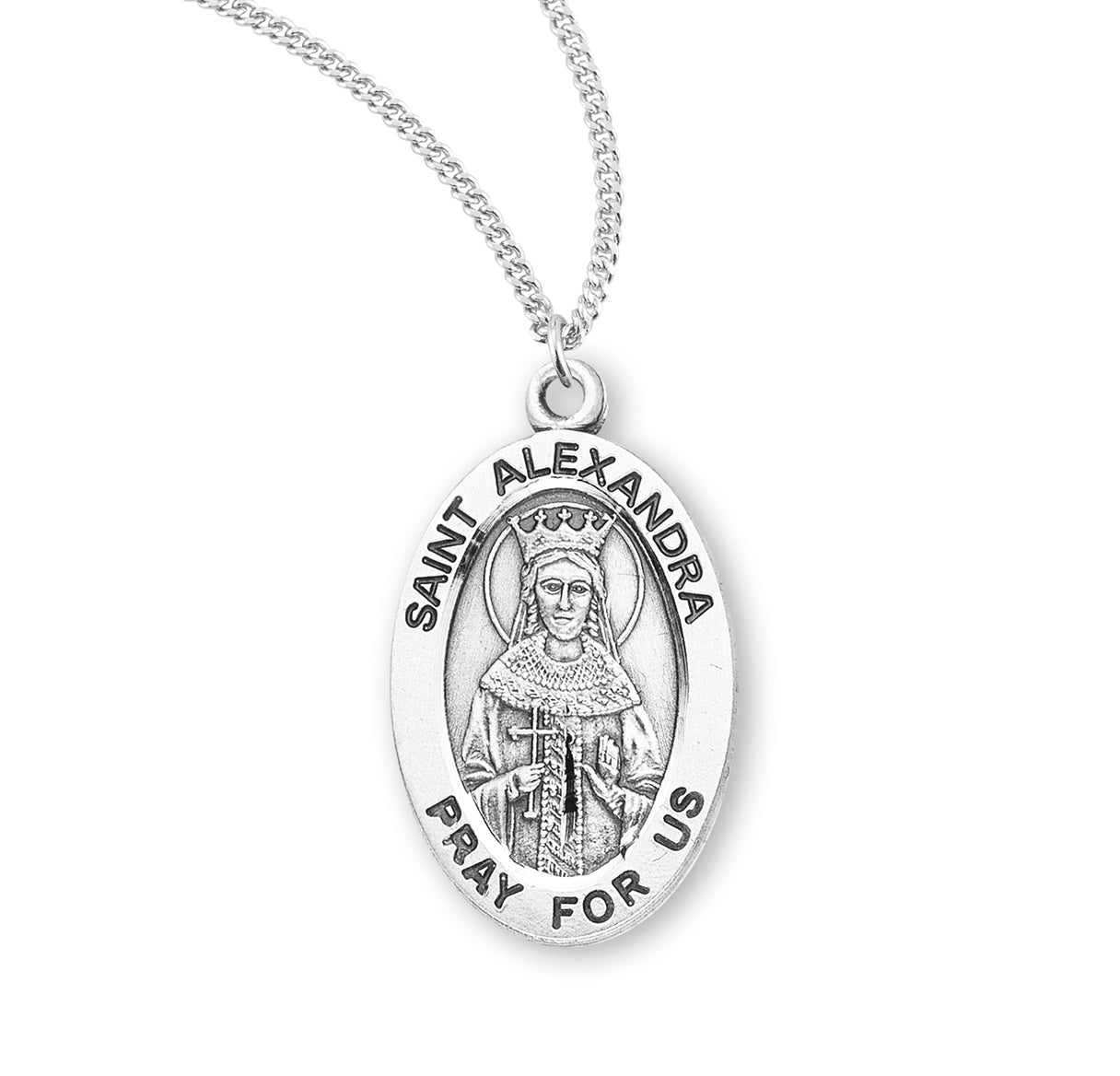 Patron Saint Alexandra Oval Sterling Silver Medal Pendant with Chain | .925 Silver