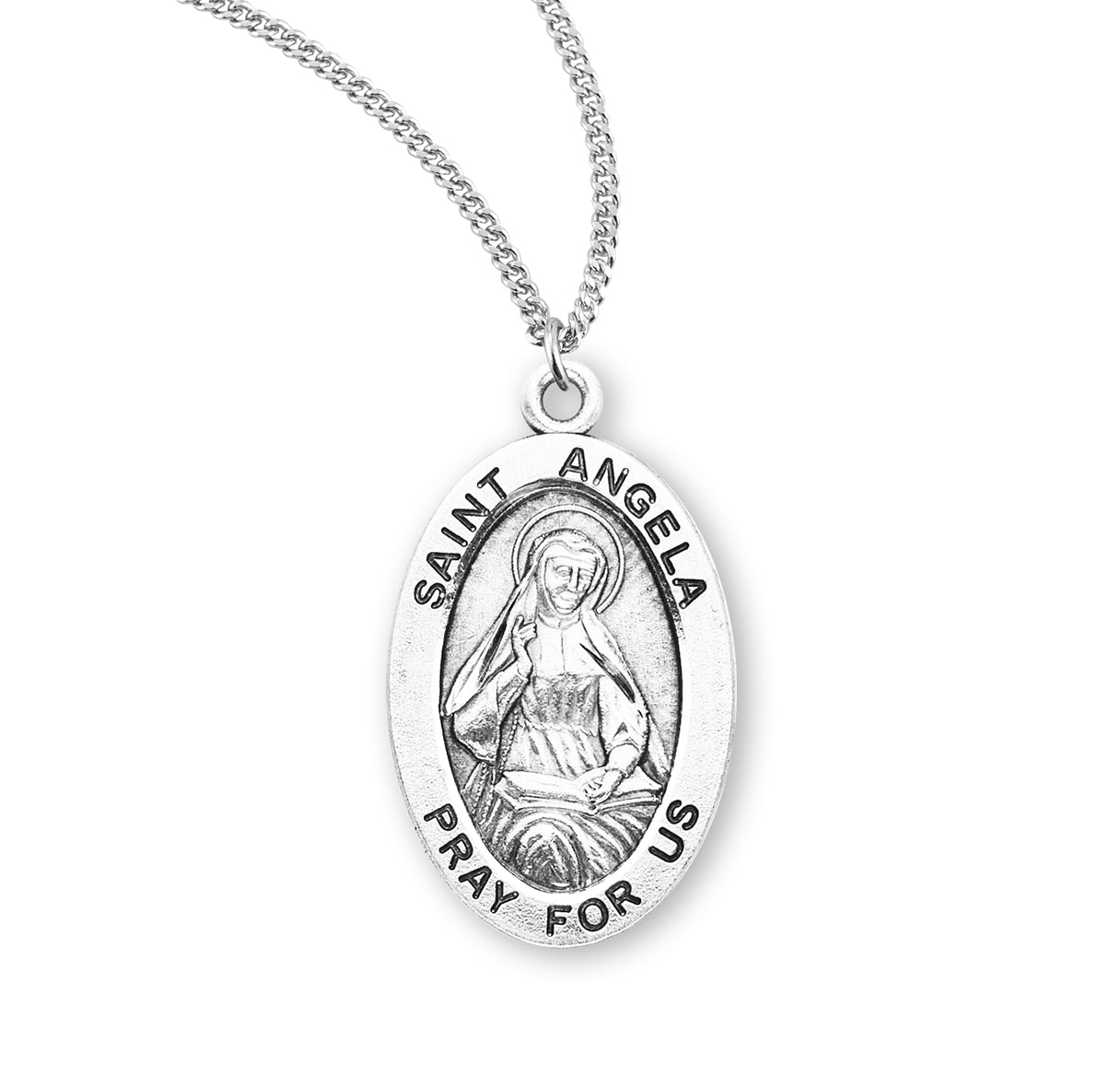Patron Saint Angela Oval Sterling Silver Medal Pendant with Chain | .925 Silver