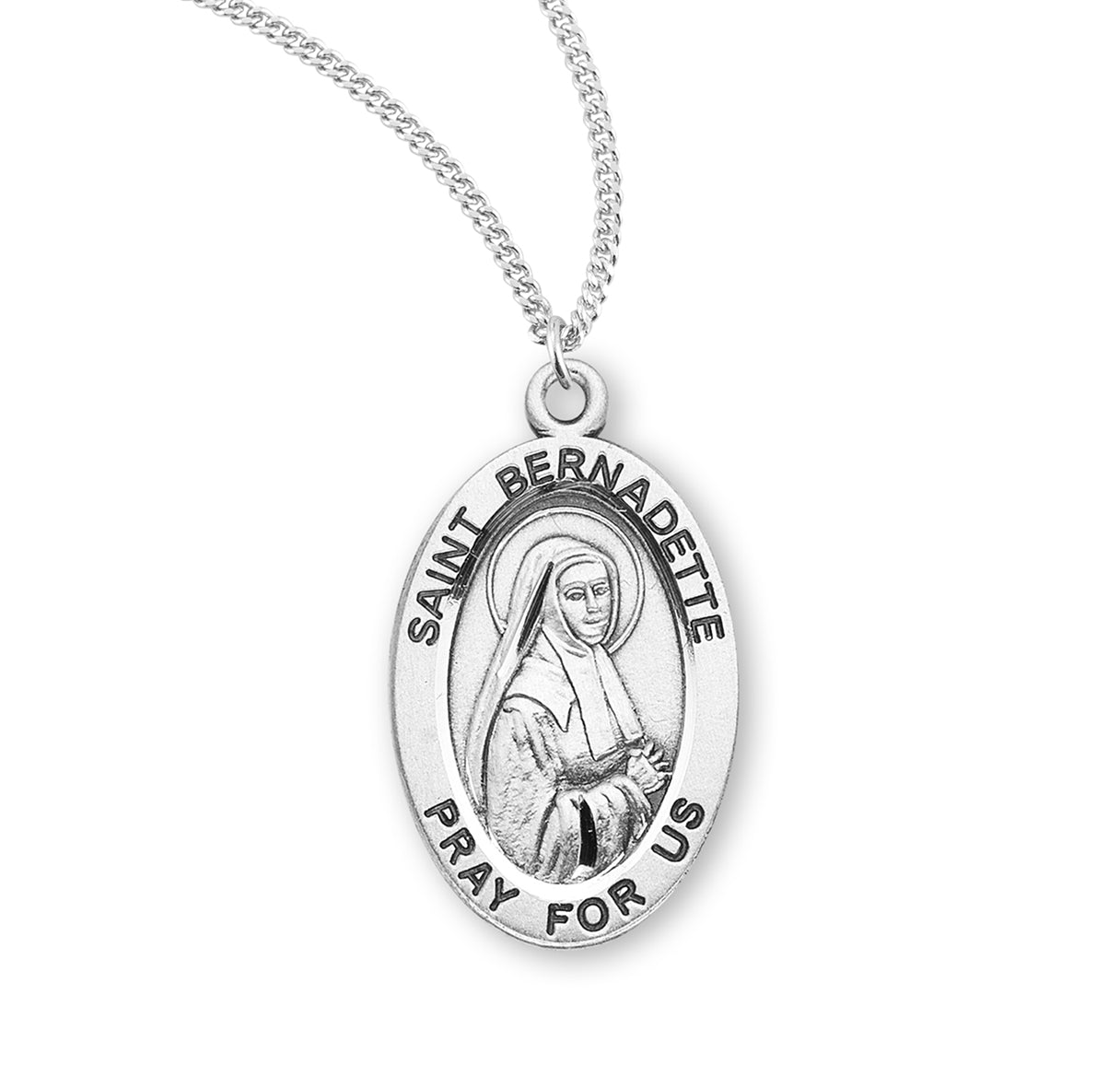 Patron Saint Bernadette Oval Sterling Silver Medal Pendant with Chain | .925 Silver
