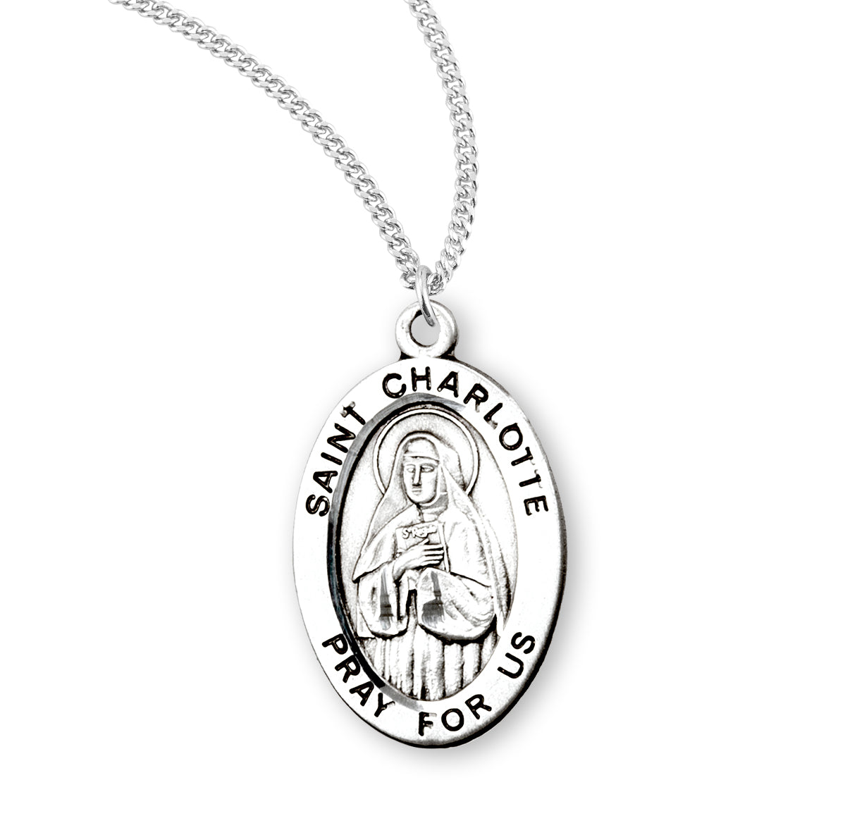 Patron Saint Charlotte Oval Sterling Silver Medal Pendant with Chain | .925 Silver
