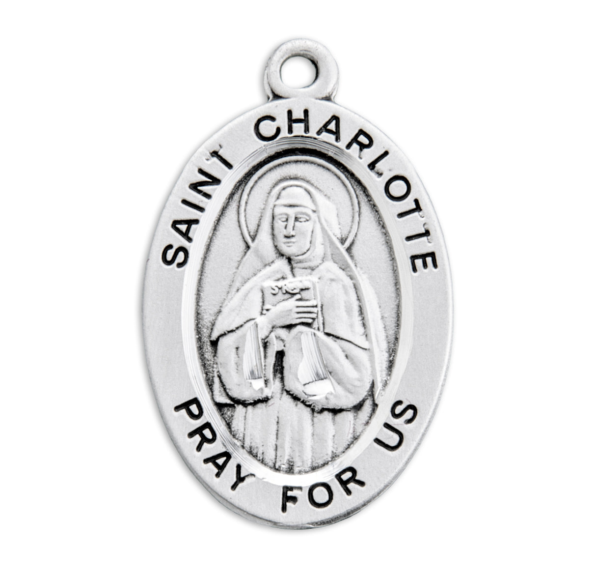 Patron Saint Charlotte Oval Sterling Silver Medal Pendant with Chain | .925 Silver