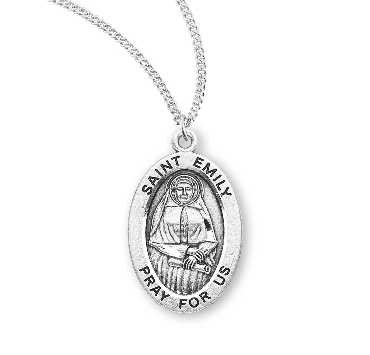 Patron Saint Emily Oval Sterling Silver Medal Pendant with Chain | .925 Silver