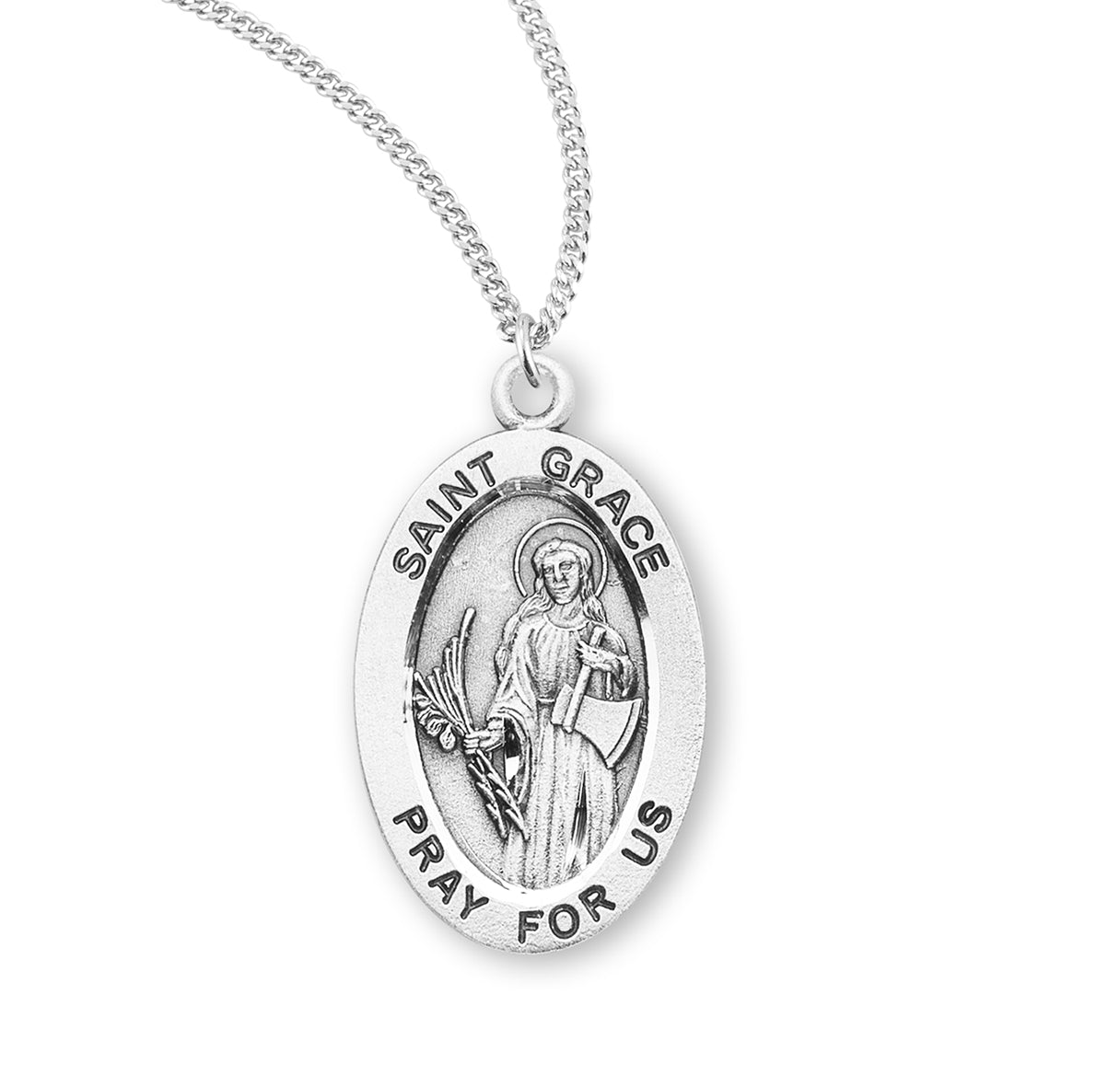 Patron Saint Grace Oval Sterling Silver Medal Pendant with Chain | .925 Silver