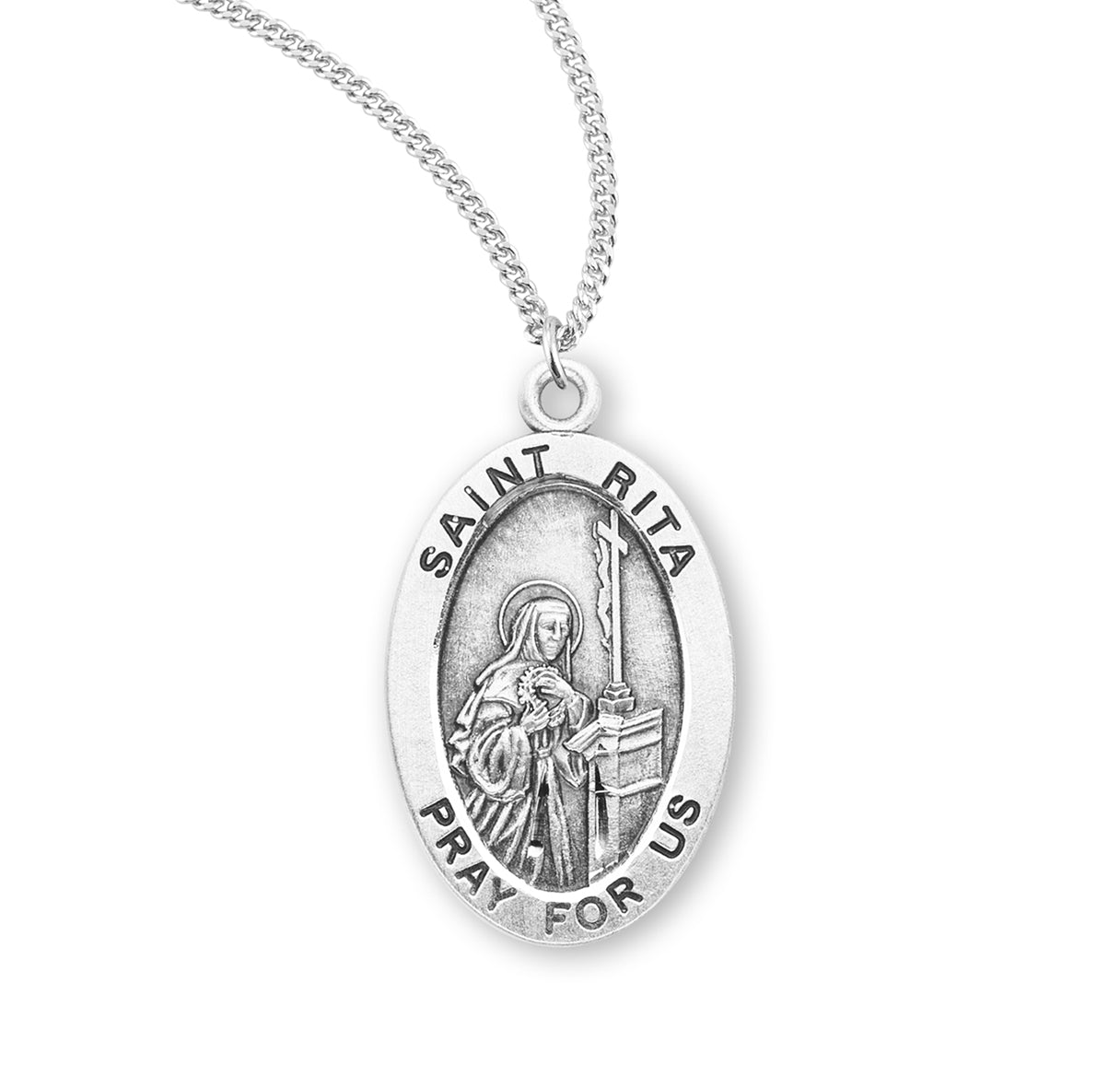 Patron Saint Rita Oval Sterling Silver Medal Pendant with Chain | .925 Silver