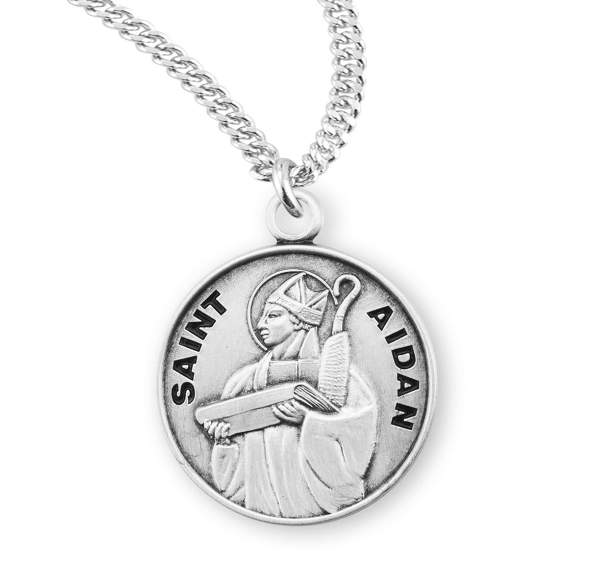 Saint Aidan Oval Sterling Silver Medal Pendant with Chain | .925 Silver
