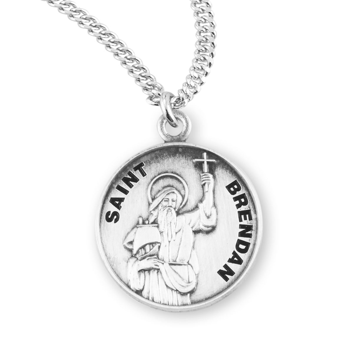 Patron Saint Brendan Round Sterling Silver Medal Pendant with Chain | .925 Silver